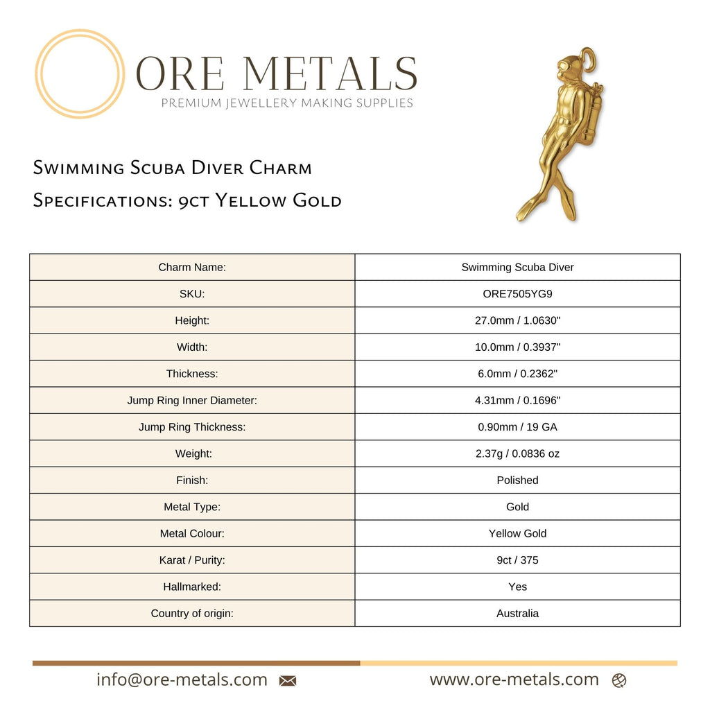 9ct Yellow Gold - Swimming Scuba Diver Charm