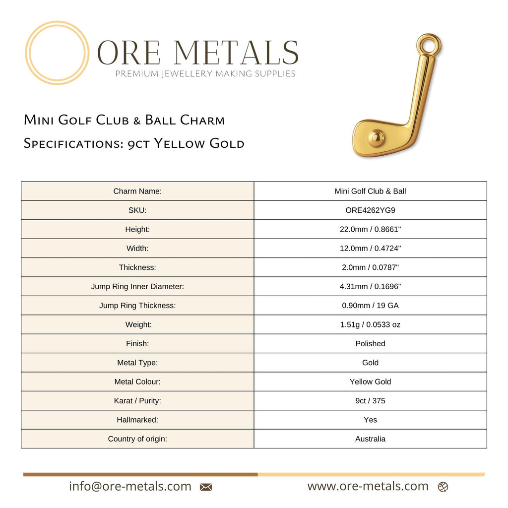 9ct Yellow Gold - Mini Golf Club & Ball Charm