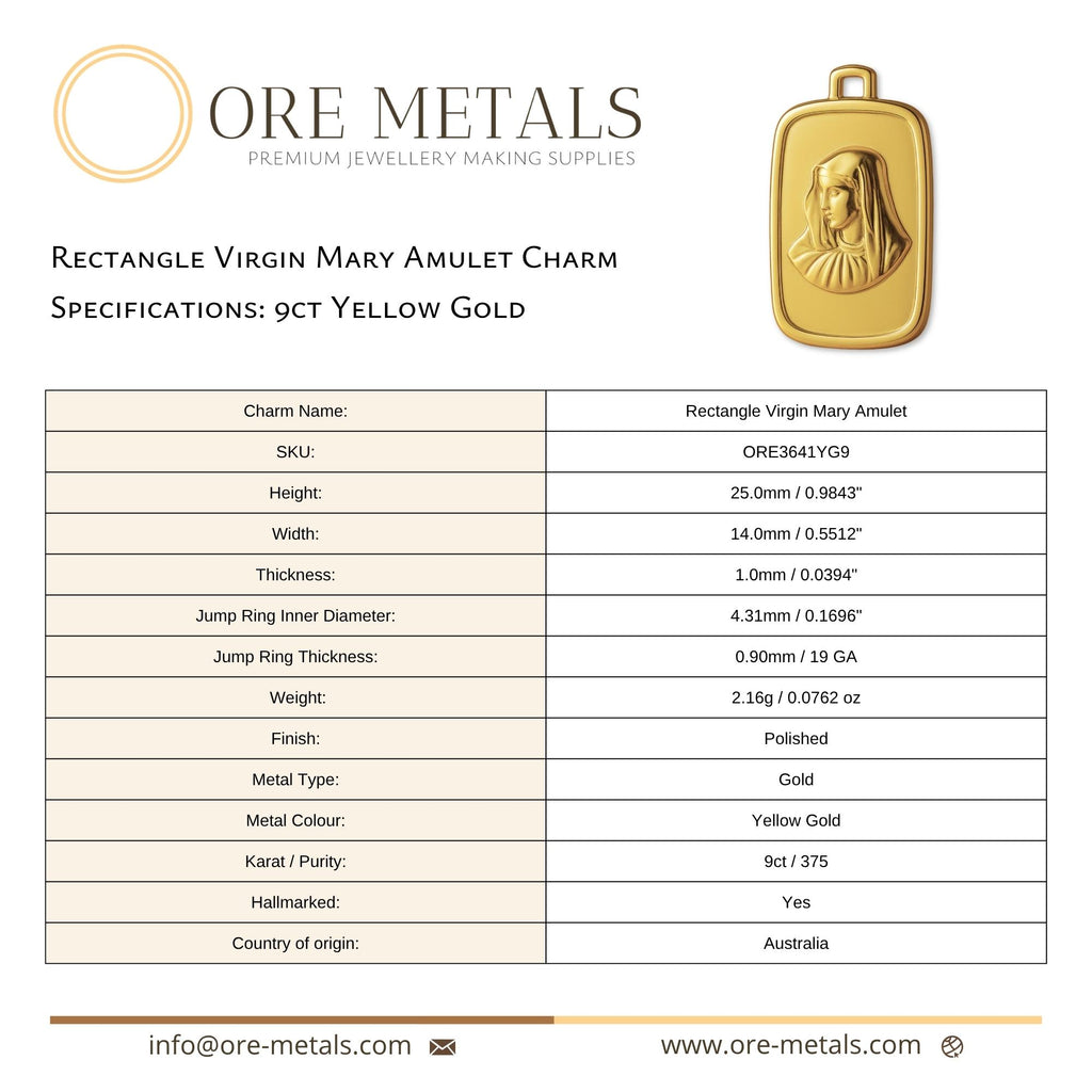9ct Yellow Gold - Rectangle Virgin Mary Amulet Charm