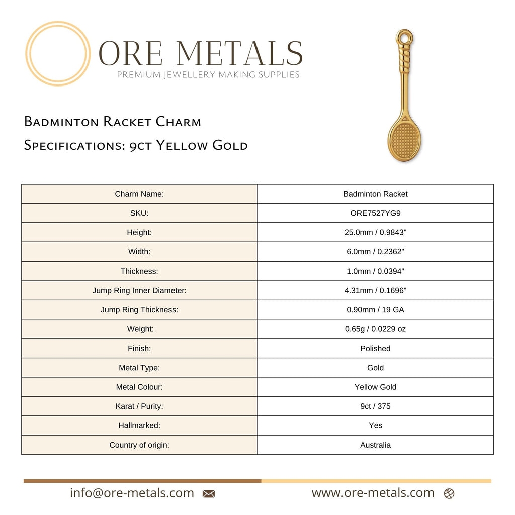 9ct Yellow Gold - Badminton Racket Charm