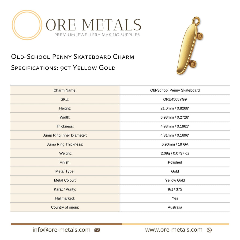 9ct Yellow Gold - Old-School Penny Skateboard Charm