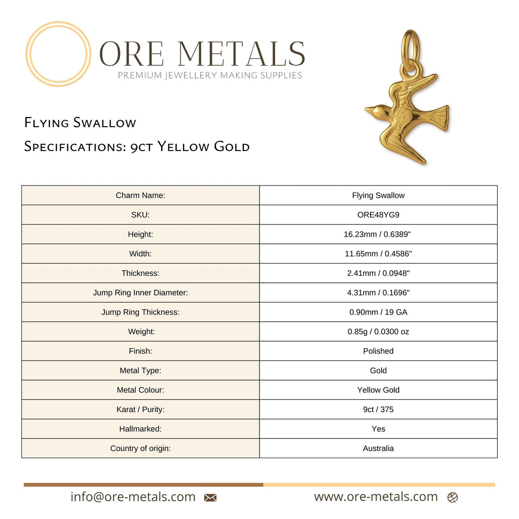 9ct Yellow Gold - Flying Swallow Charm