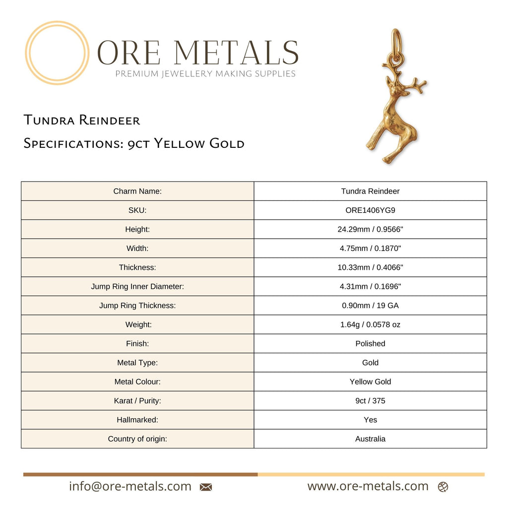9ct Yellow Gold - Tundra Reindeer Charm