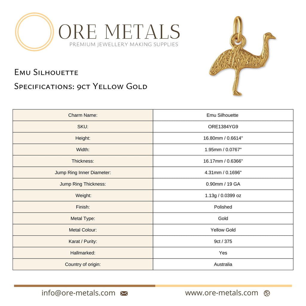 9ct Yellow Gold - Emu Silhouette Charm