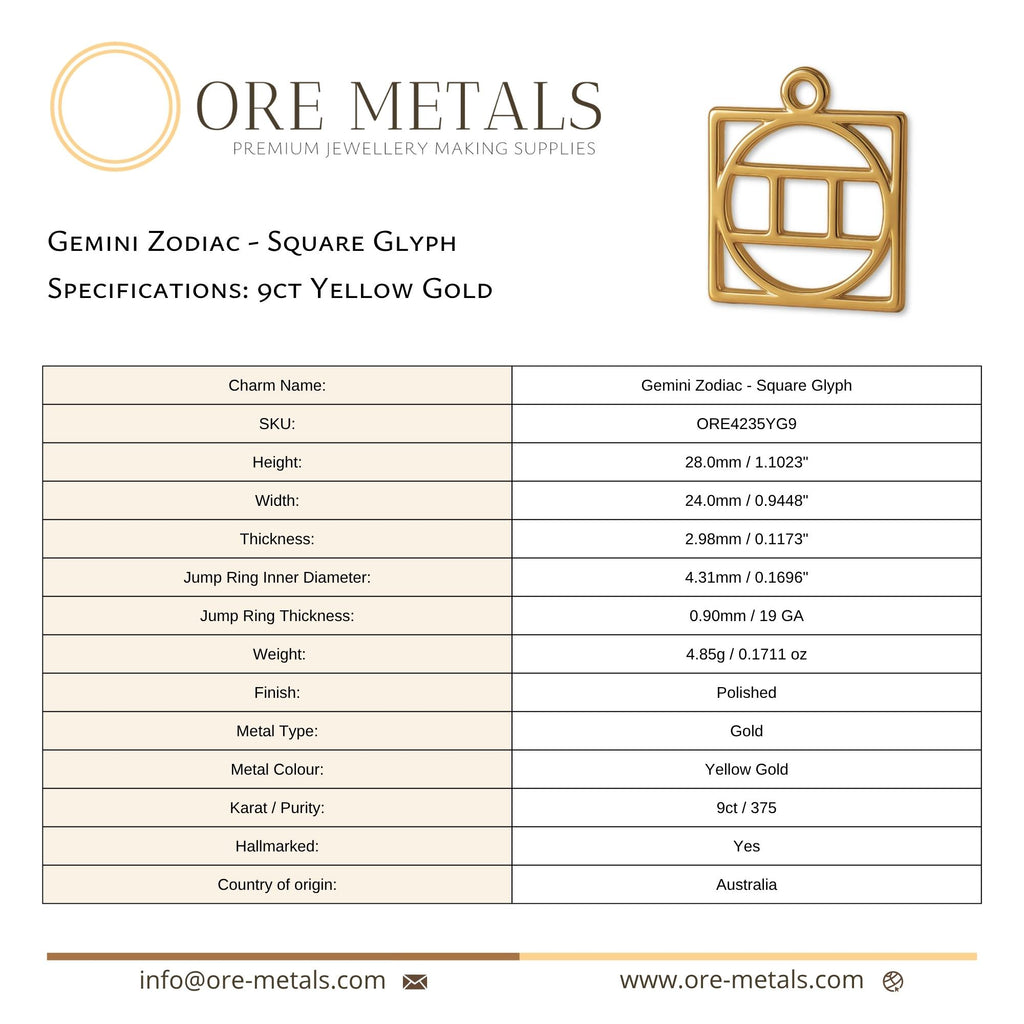9ct Yellow Gold - Gemini Zodiac Square Charm