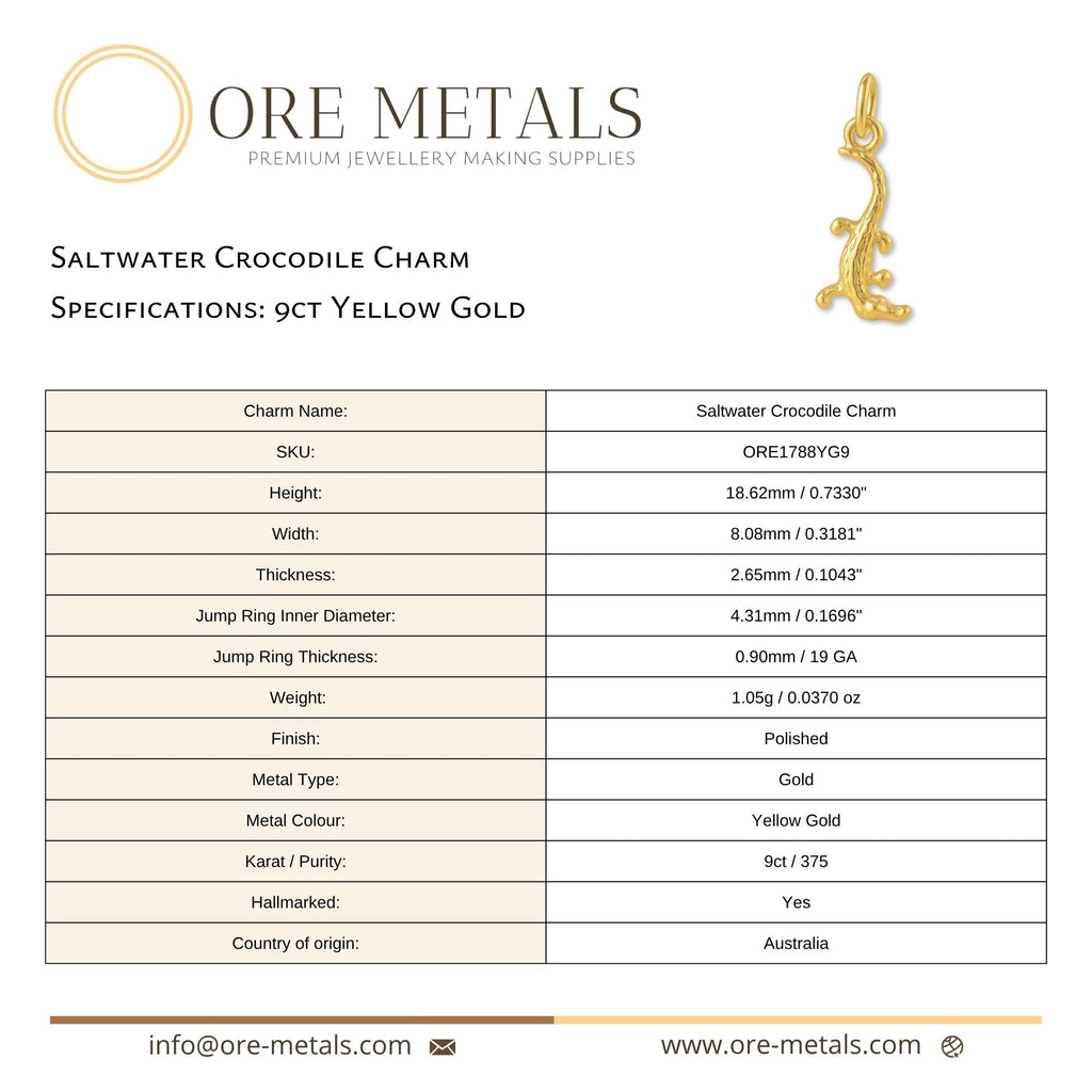 9ct Yellow Gold - Saltwater Crocodile Charm