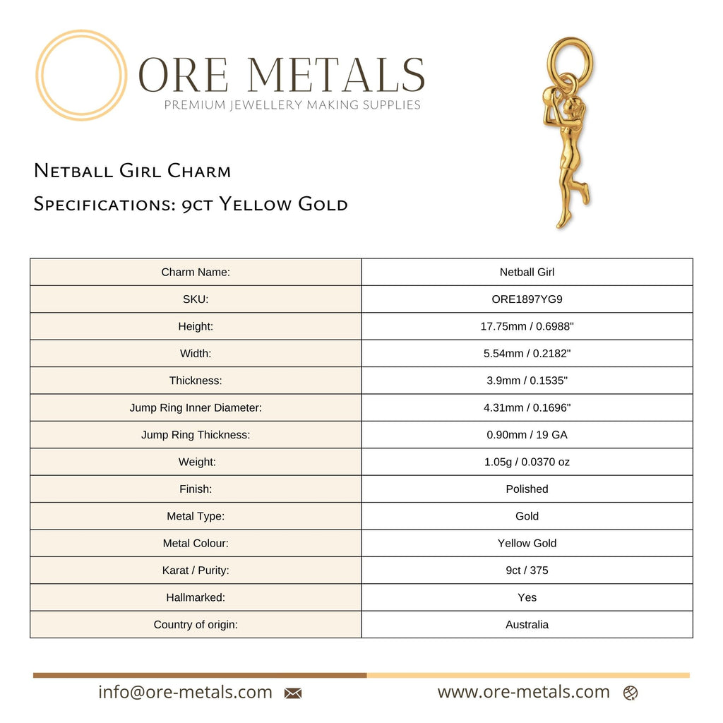 9ct Yellow Gold - Netball Girl Charm