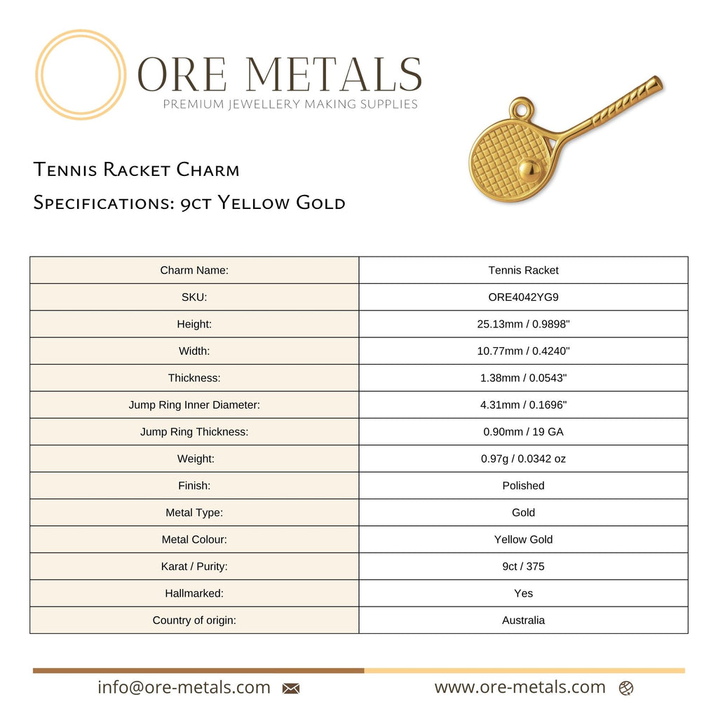 9ct Yellow Gold - Tennis Racket Charm