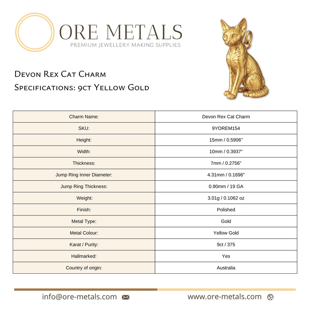 9ct Yellow Gold - Devon Rex Cat Charm