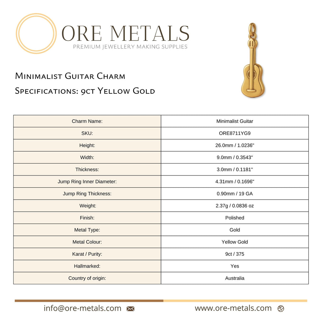 9ct Yellow Gold - Minimalist Guitar Charm