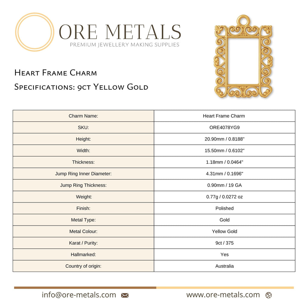 9ct Yellow Gold - Heart Frame Charm