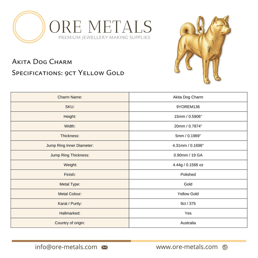 9ct Yellow Gold - Akita Dog Charm