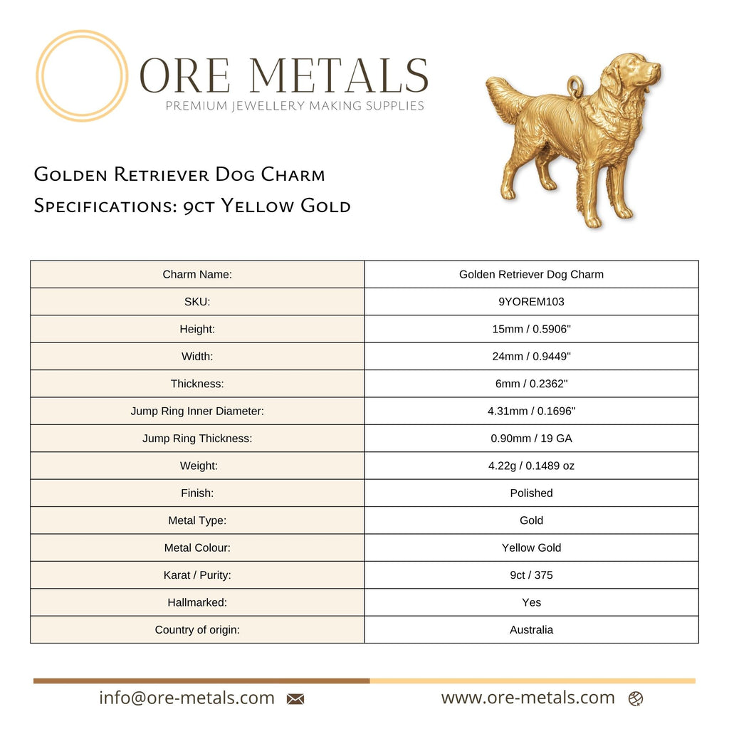 9ct Yellow Gold - Golden Retriever Dog Charm