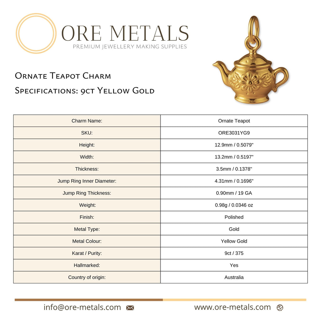 9ct Yellow Gold - Ornate Teapot Charm