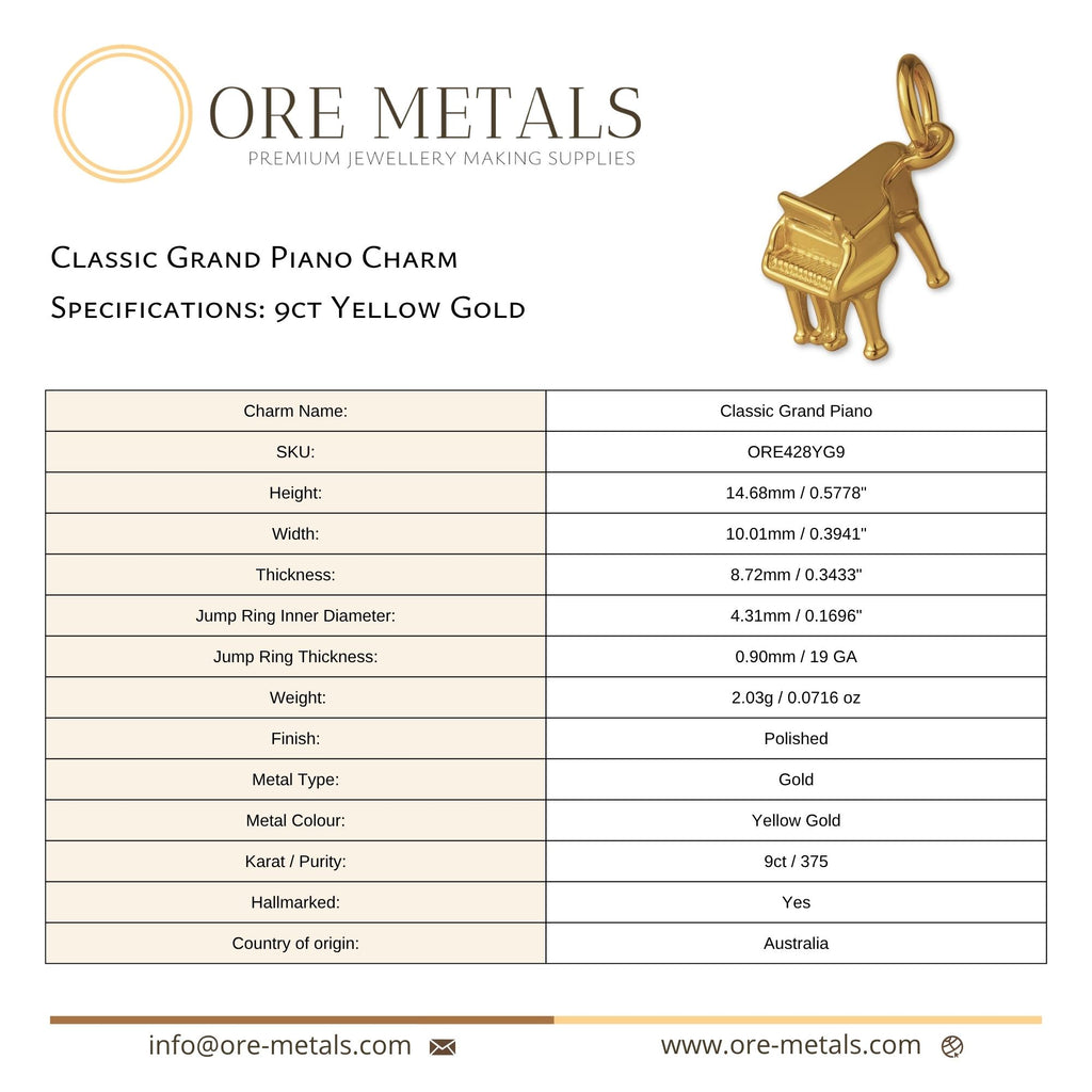 9ct Yellow Gold - Classic Grand Piano Charm