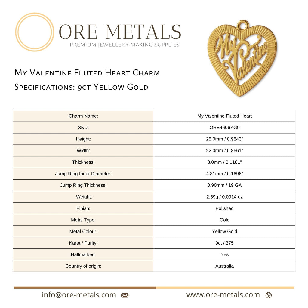 9ct Yellow Gold - My Valentine Fluted Heart Charm