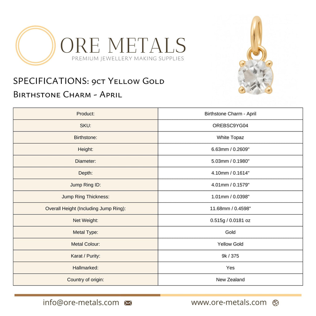 9ct Yellow Gold | White Topaz - April Birthstone Charm