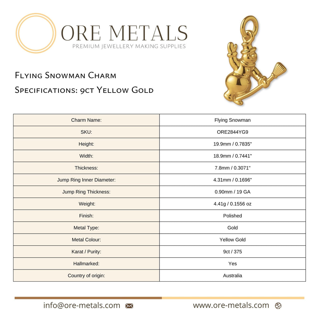 9ct Yellow Gold - Flying Snowman Charm
