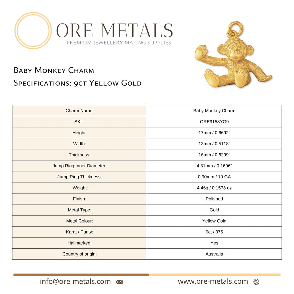 9ct Yellow Gold - Baby Monkey Charm