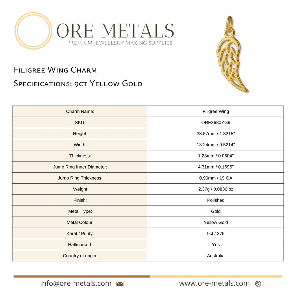 9ct Yellow Gold - Filigree Wing Charm
