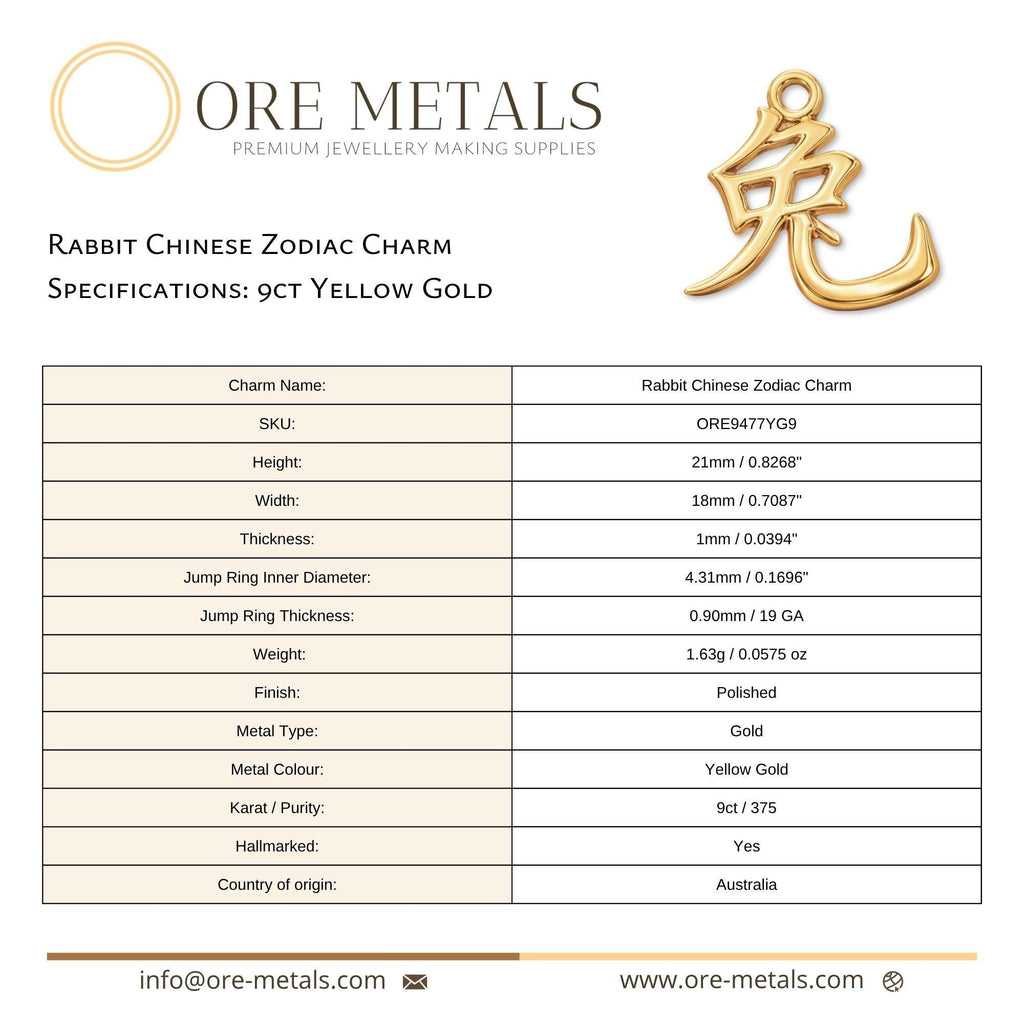 9ct Yellow Gold - Rabbit Chinese Zodiac Charm