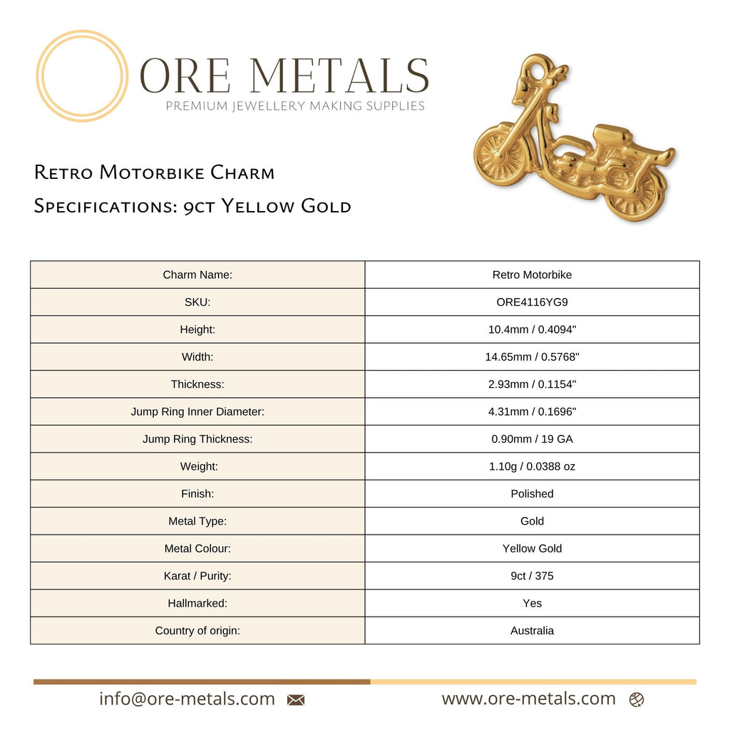 9ct Yellow Gold - Retro Motorbike Charm