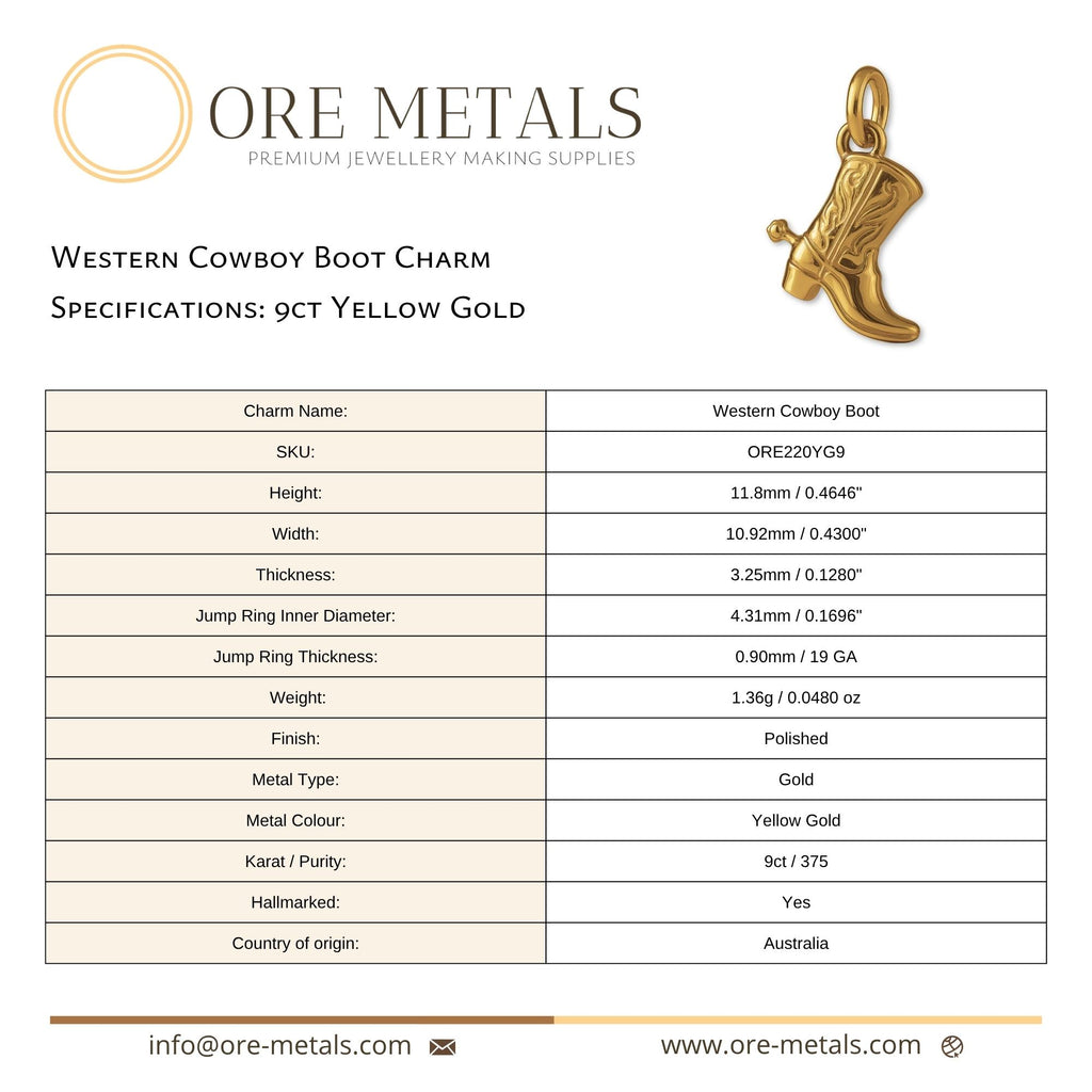 9ct Yellow Gold - Western Cowboy Boot Charm