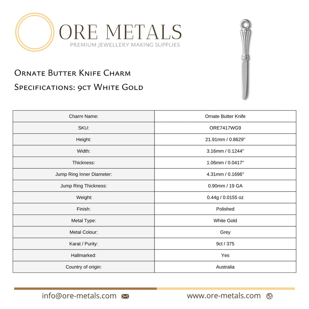 9ct White Gold - Ornate Butter Knife Charm
