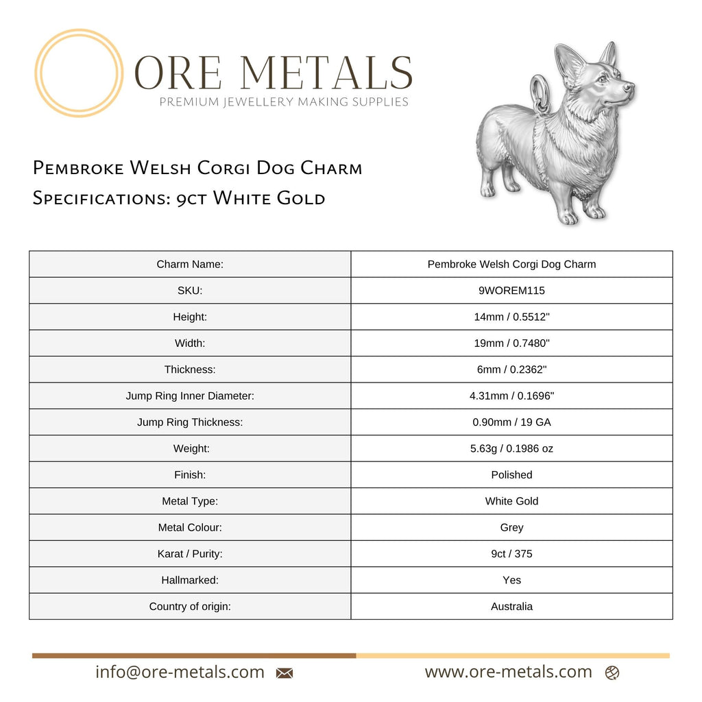 9ct White Gold - Pembroke Welsh Corgi Dog Charm