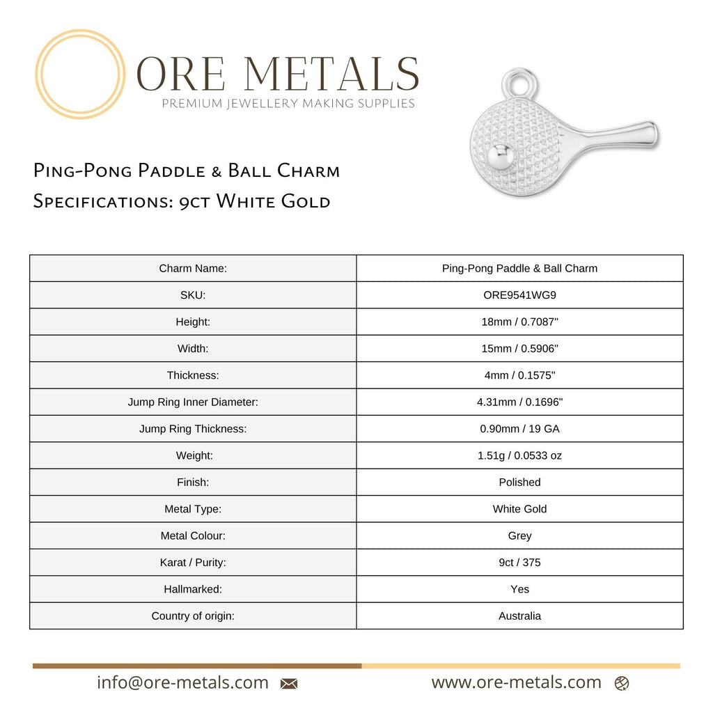 9ct White Gold - Table Tennis Paddle Charm
