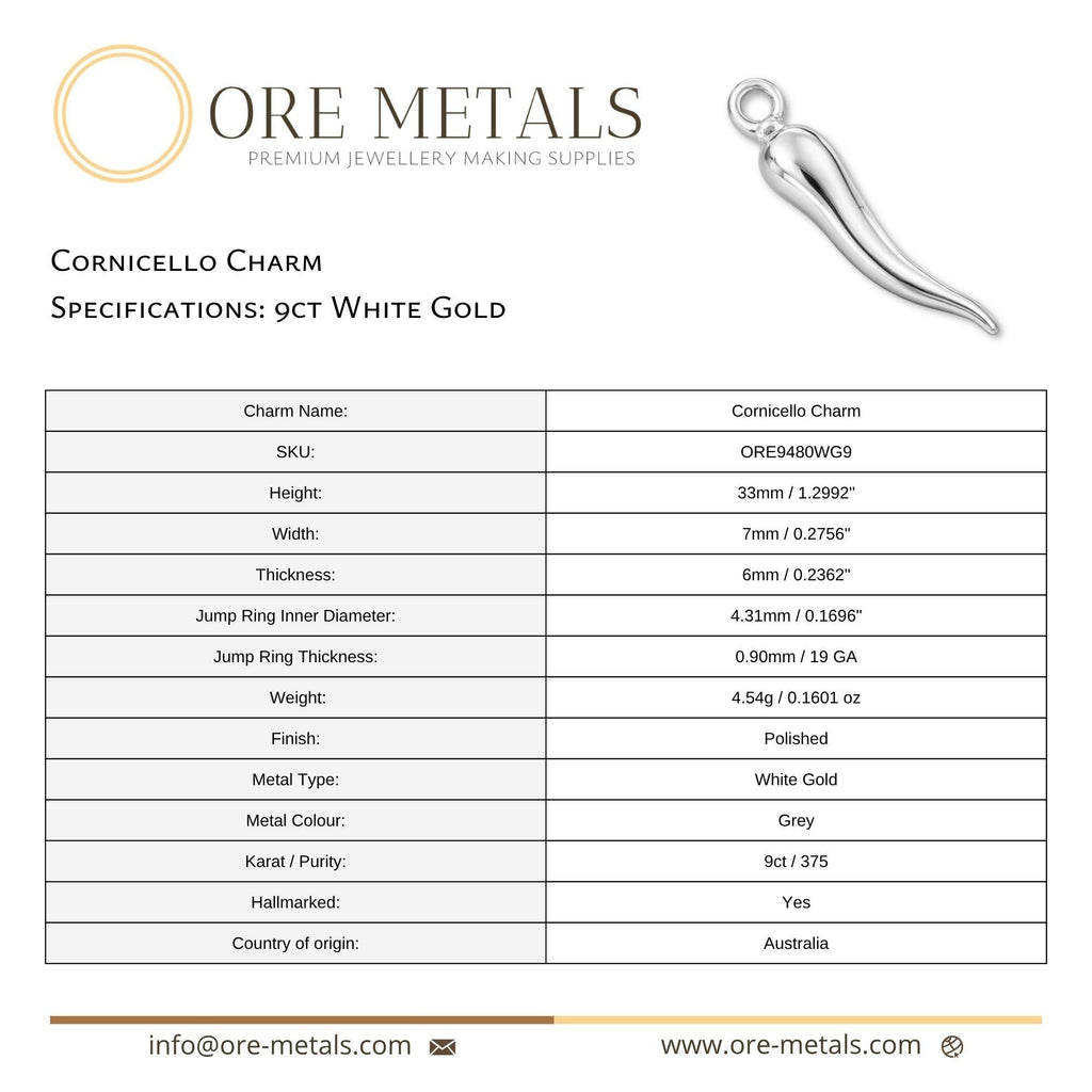 9ct White Gold - Cornicello Charm