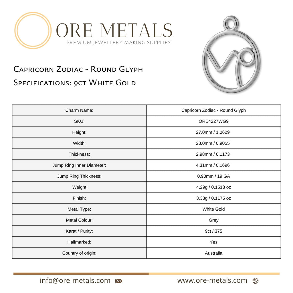 9ct White Gold - Capricorn Zodiac Round Charm