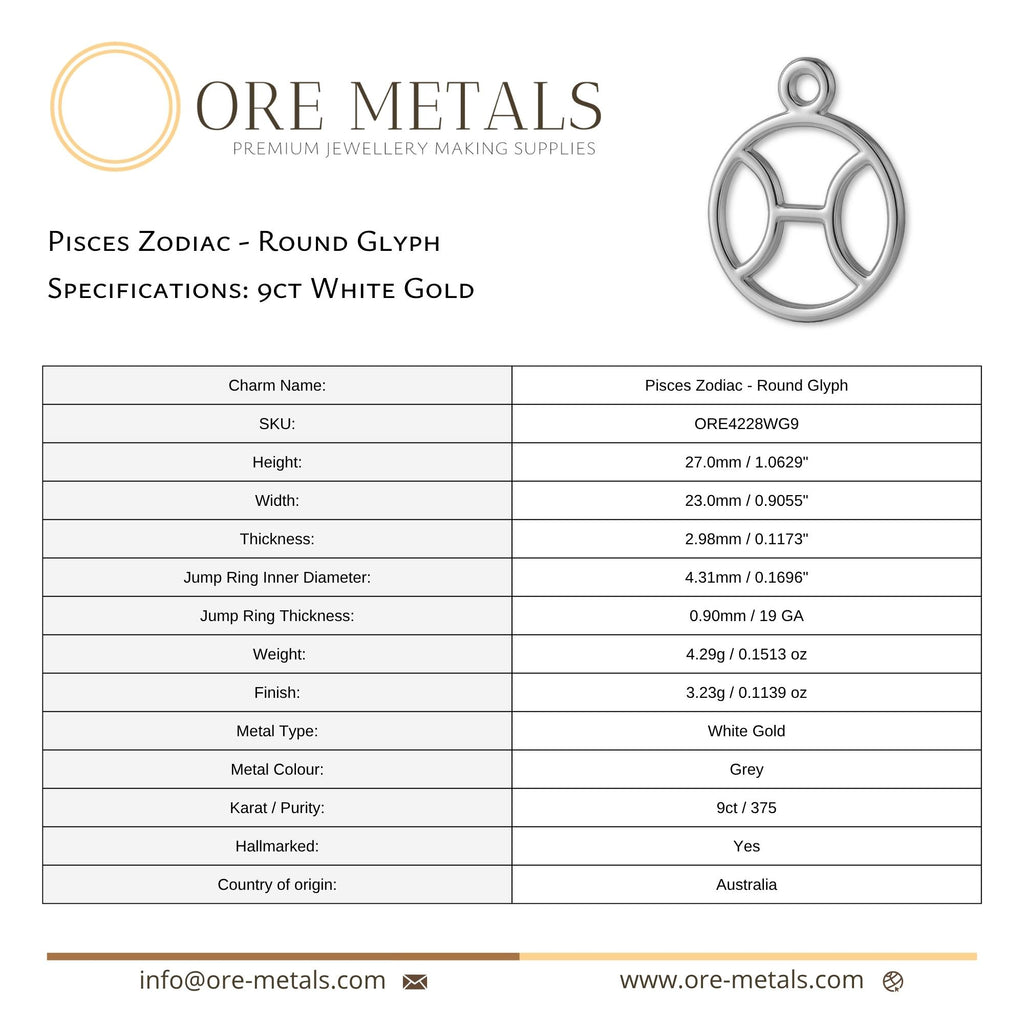 9ct White Gold - Pisces Zodiac Round Charm