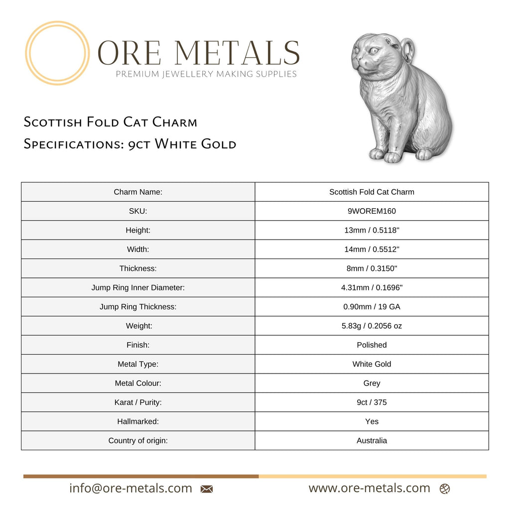 9ct White Gold - Scottish Fold Cat Charm