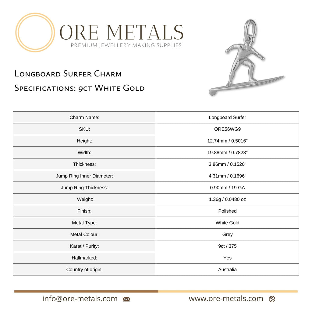 9ct White Gold - Longboard Surfer Charm