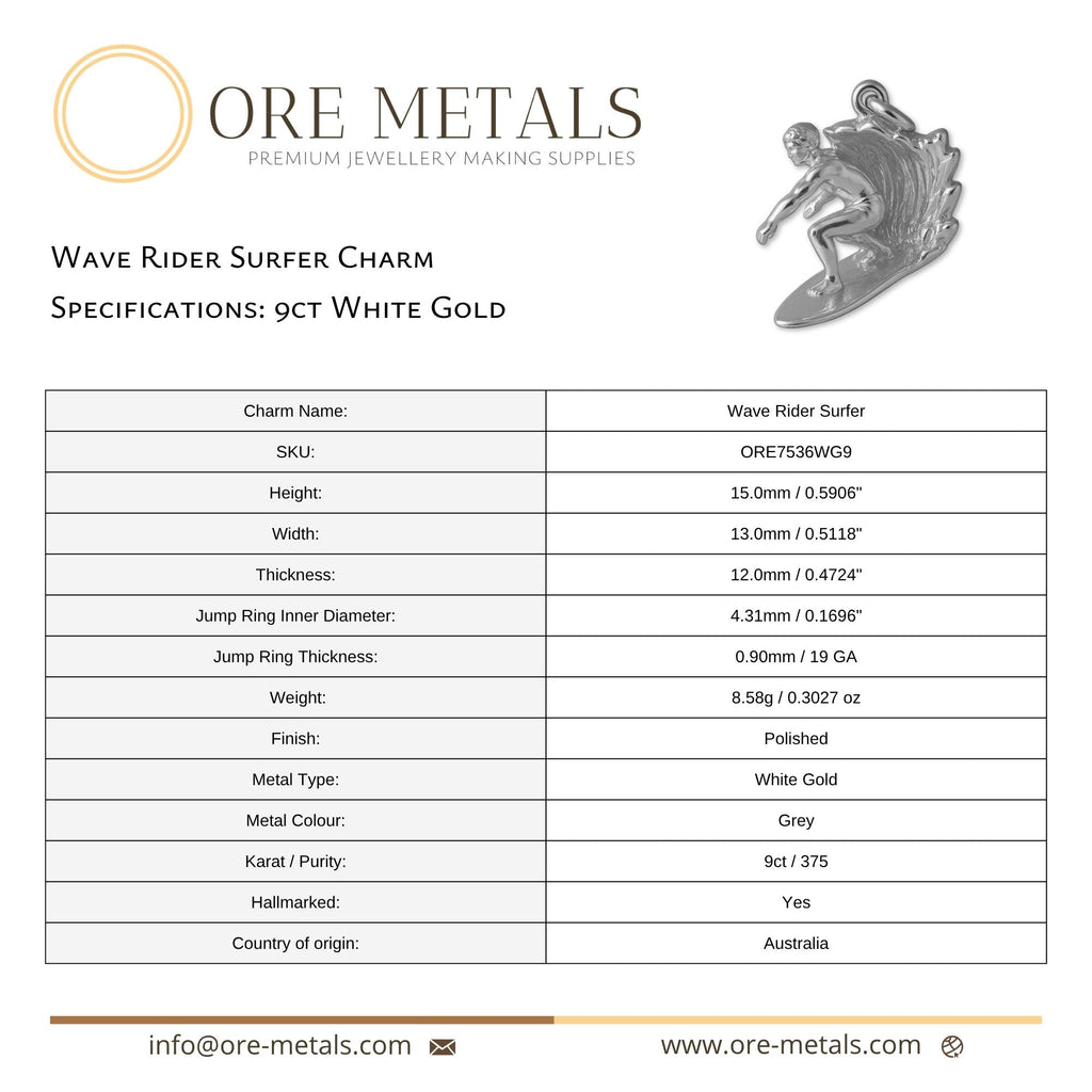 9ct White Gold - Wave Rider Surfer Charm