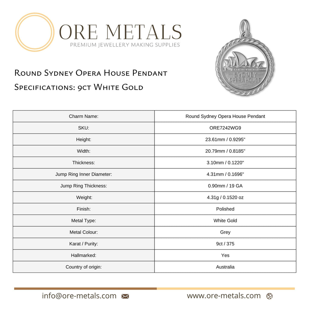 9ct White Gold - Round Sydney Opera House Charm