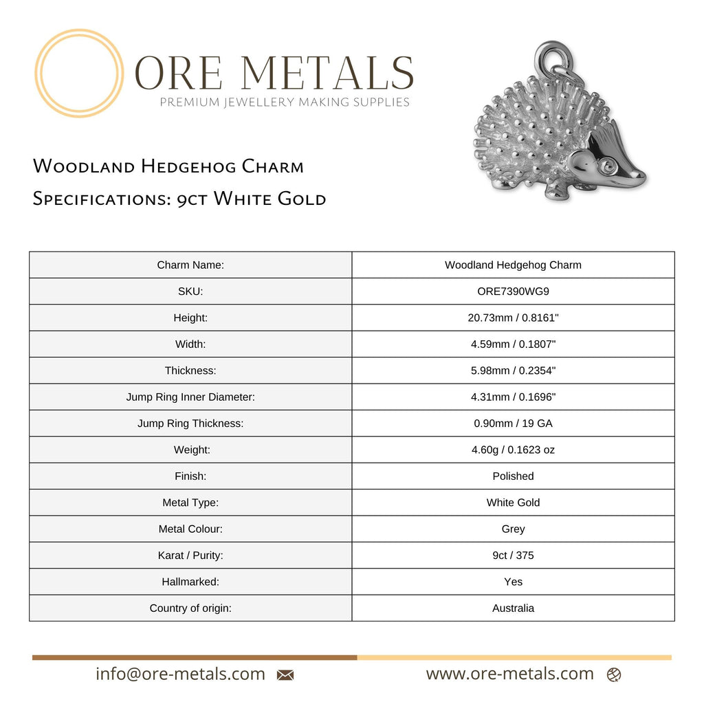 9ct White Gold - Woodland Hedgehog Charm