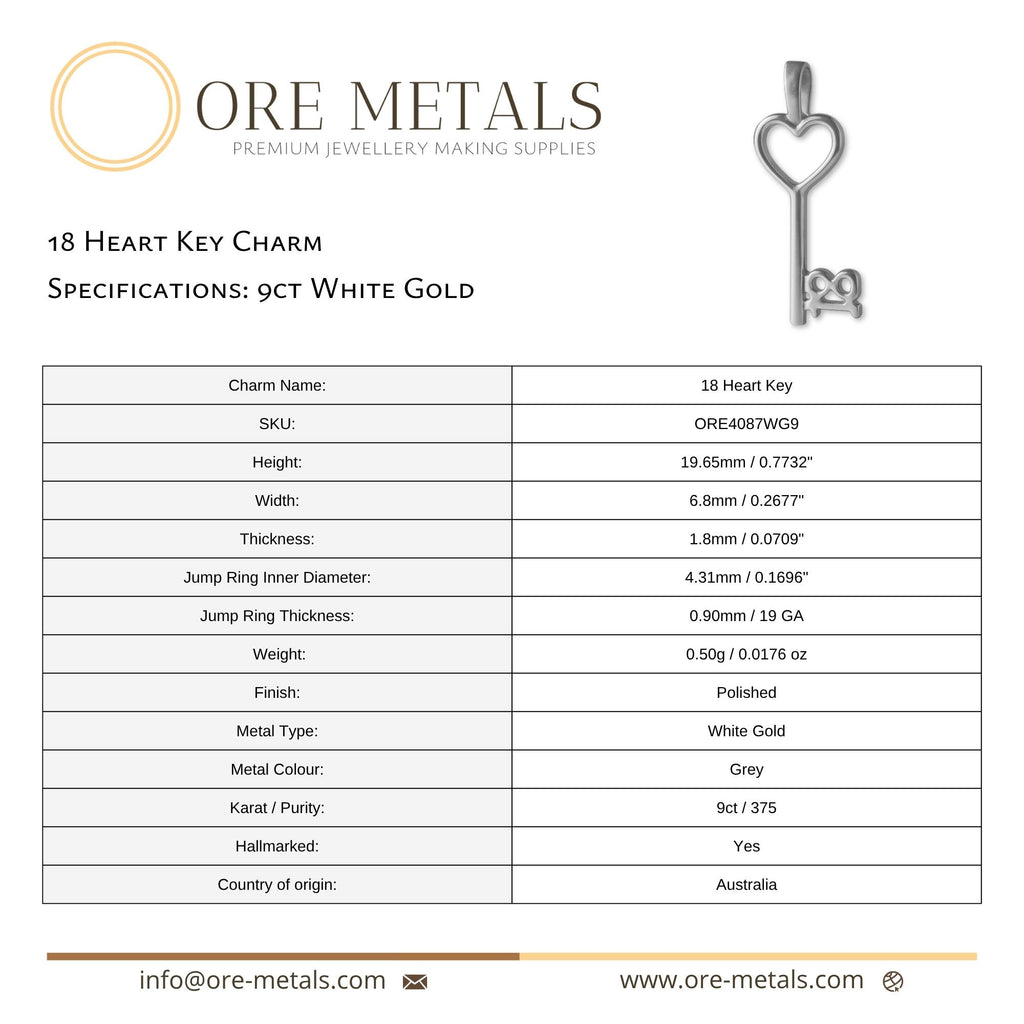 9ct White Gold - 18 Heart Key Charm