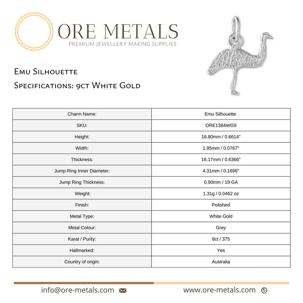 9ct White Gold - Emu Silhouette Charm