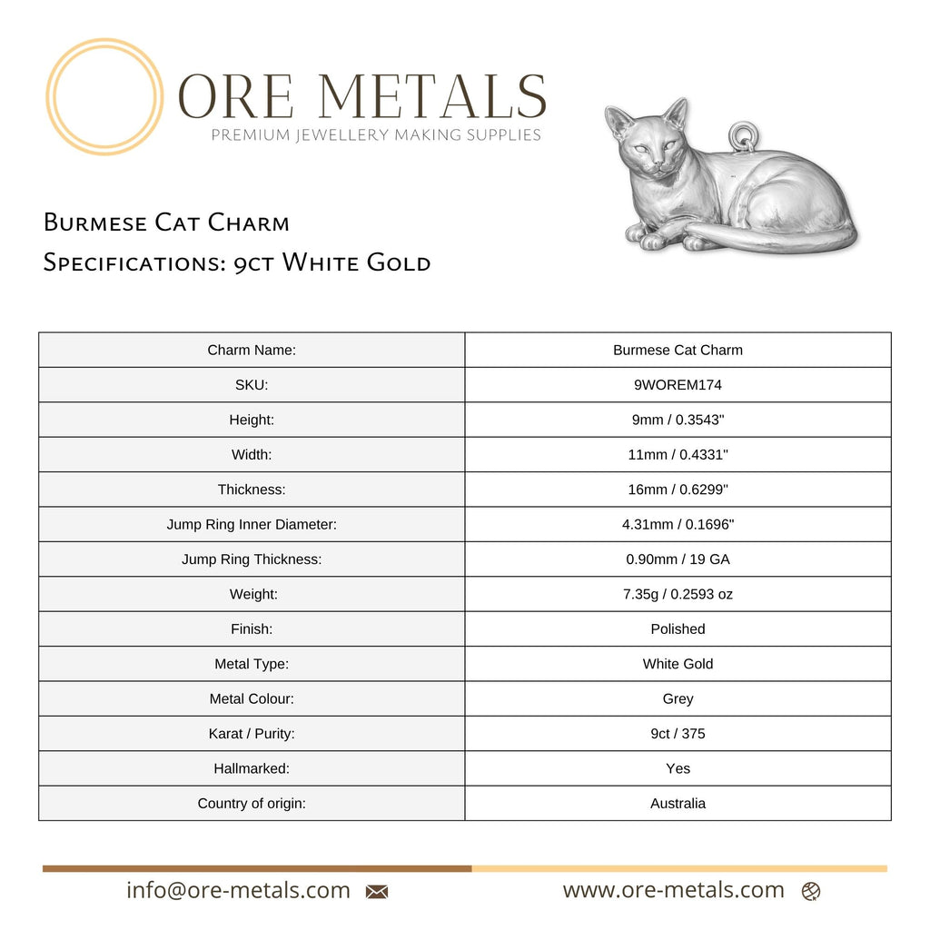 9ct White Gold - Burmese Cat Charm
