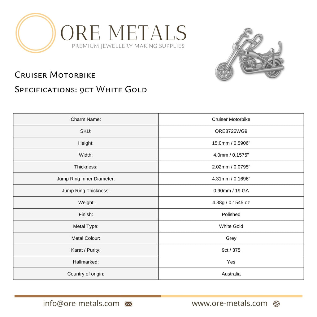 9ct White Gold - Cruiser Motorbike Charm