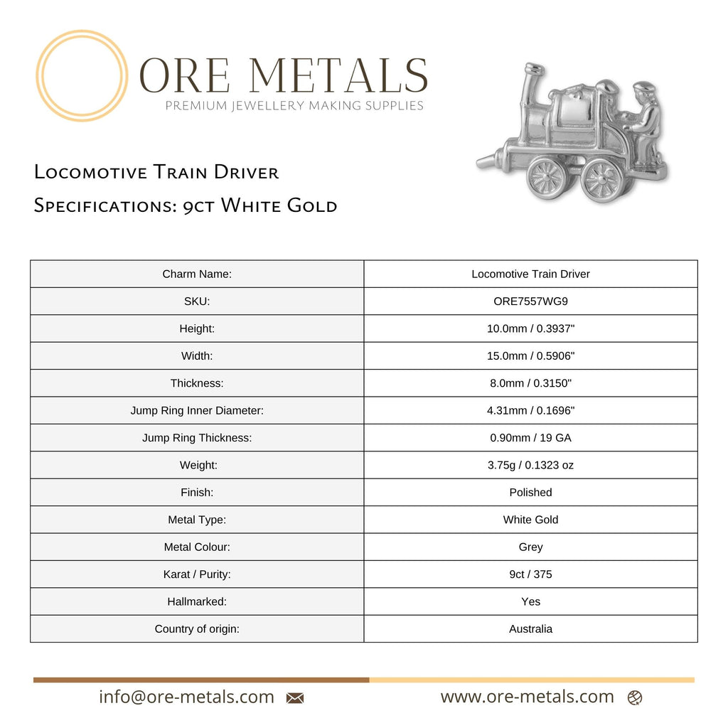 9ct White Gold - Locomotive Train Driver Charm