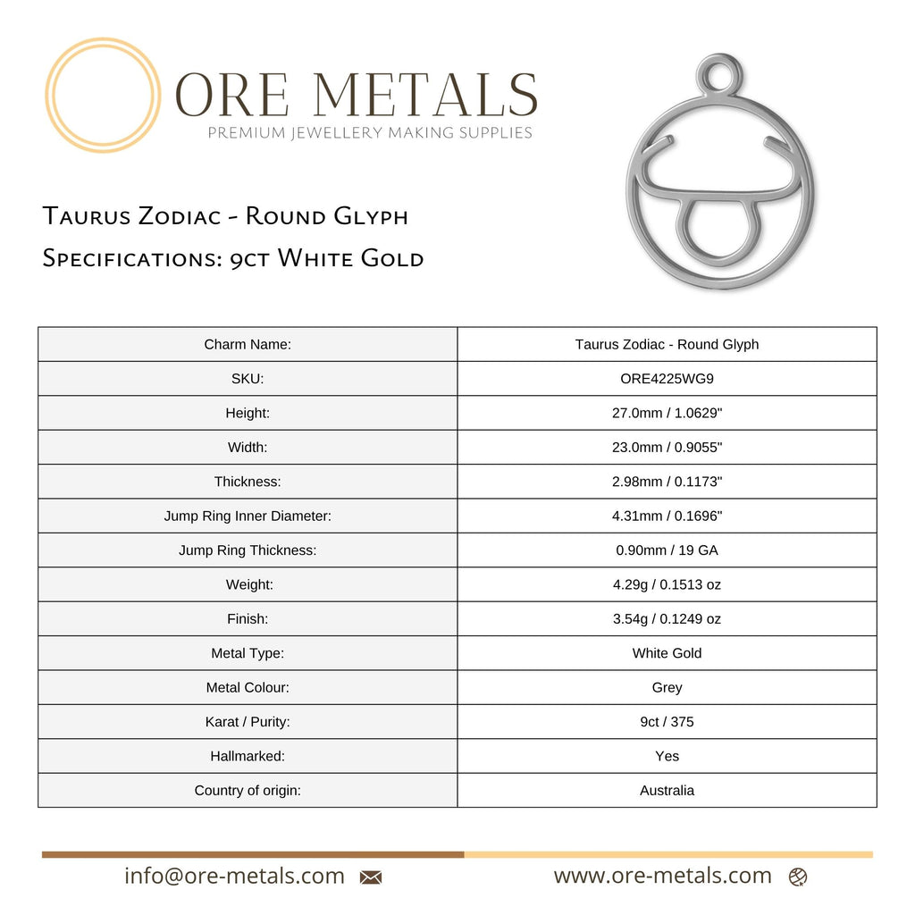 9ct White Gold - Taurus Zodiac Round Charm