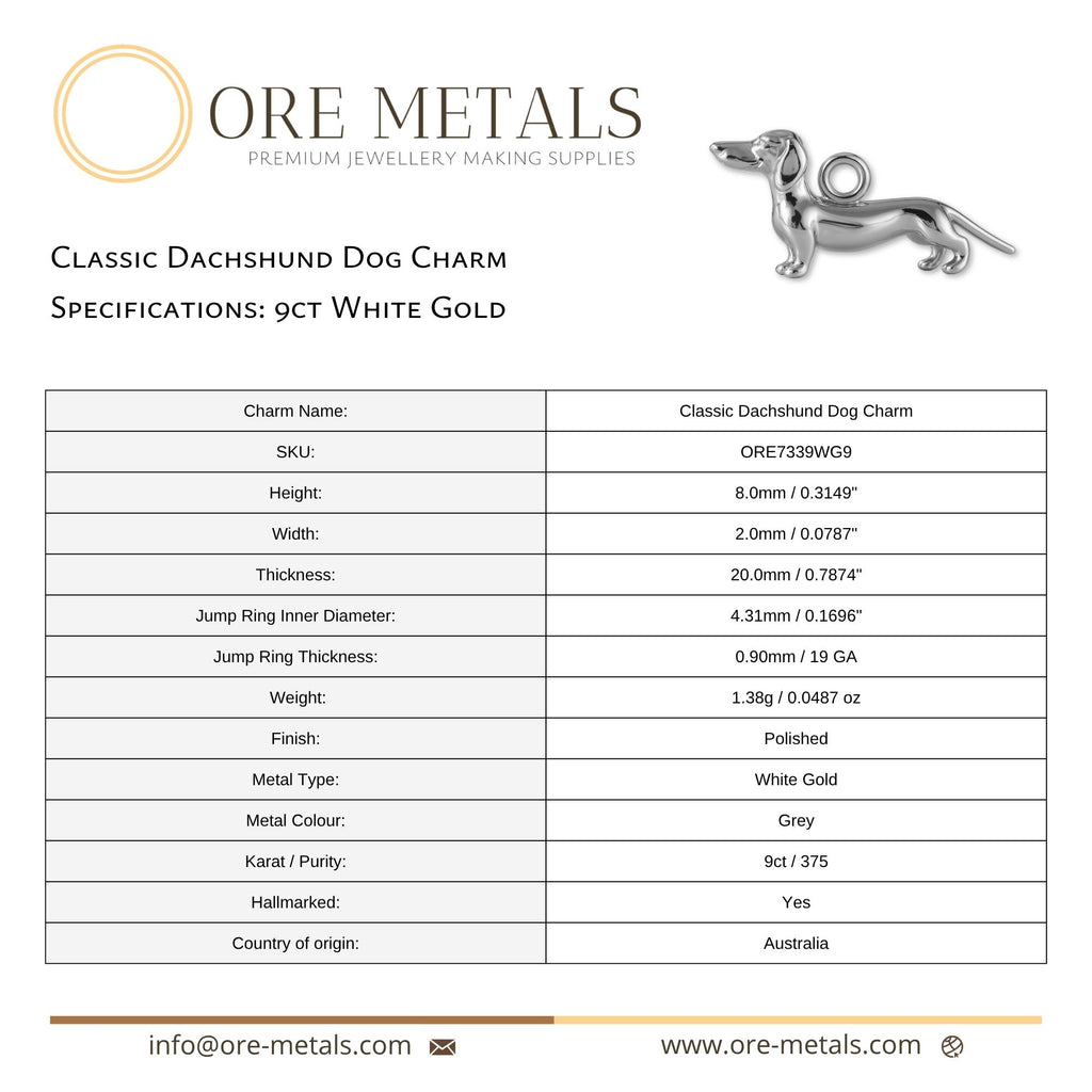 9ct White Gold - Classic Dachshund Dog Charm