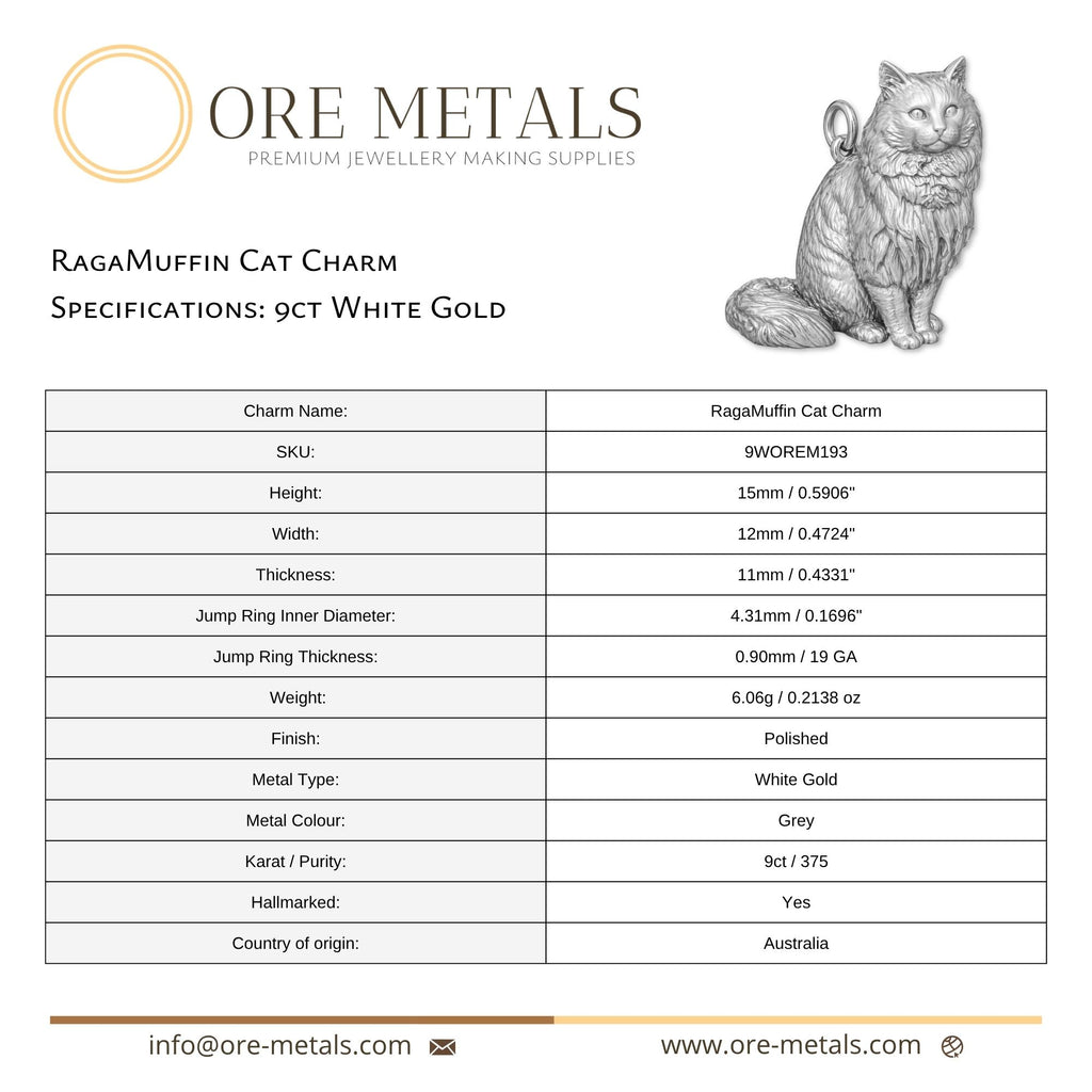 9ct White Gold - Ragamuffin Cat Charm
