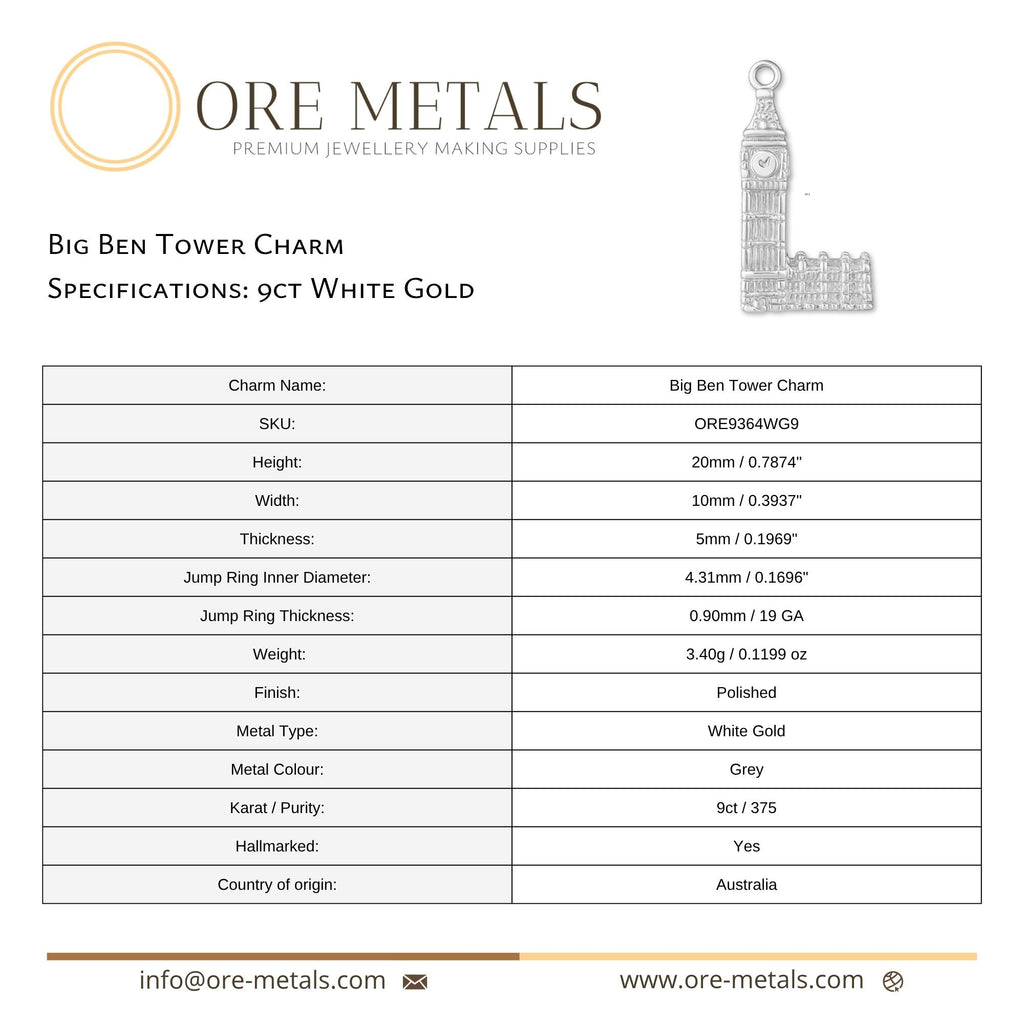 9ct White Gold - Big Ben Tower Charm