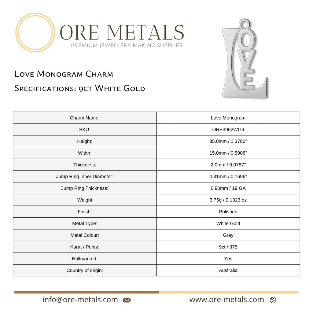 9ct White Gold - Love Monogram Charm