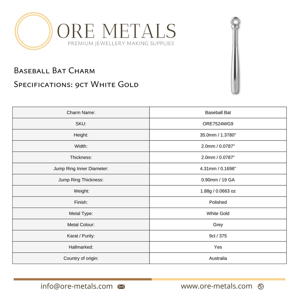 9ct White Gold - Baseball Bat Charm