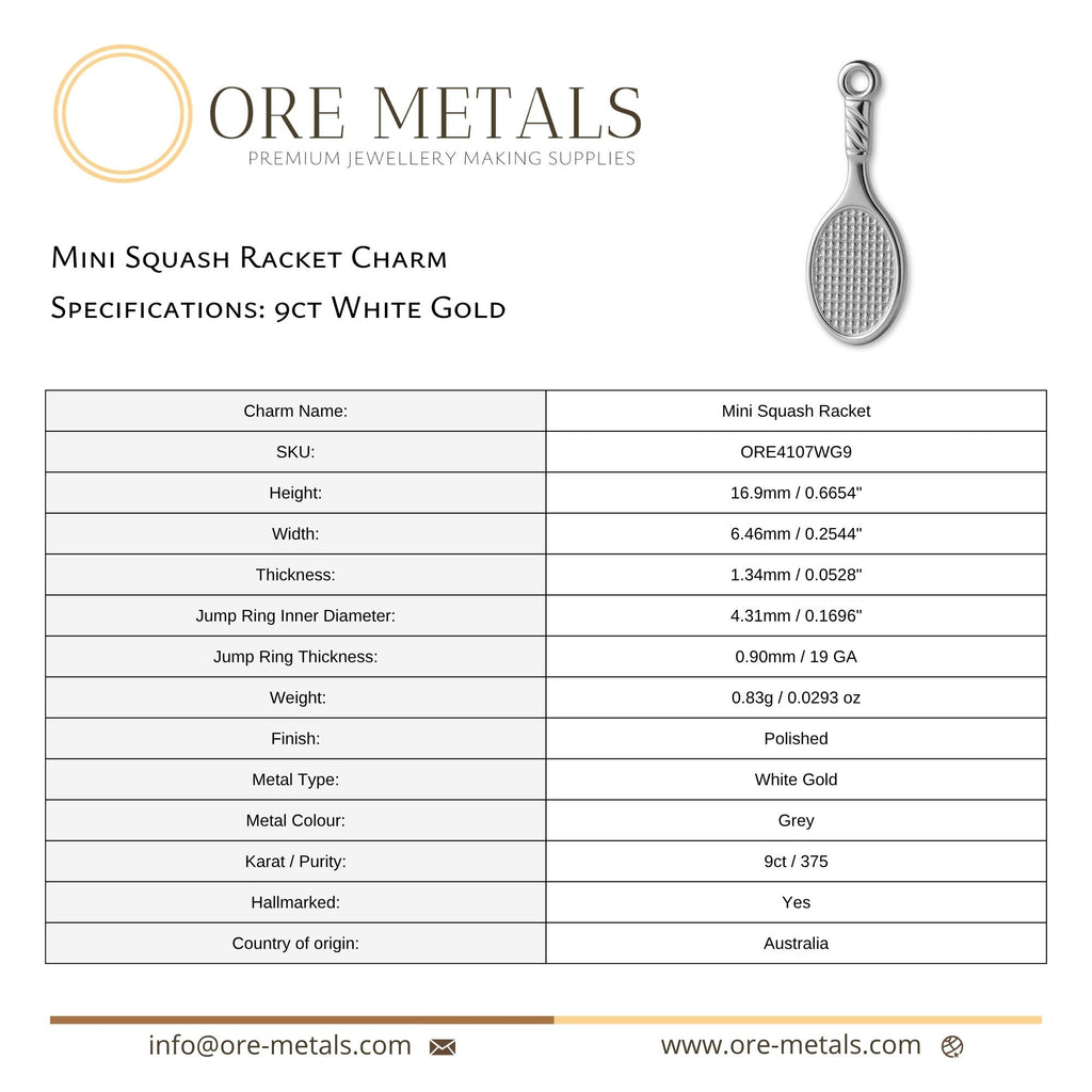 9ct White Gold - Mini Squash Racket Charm